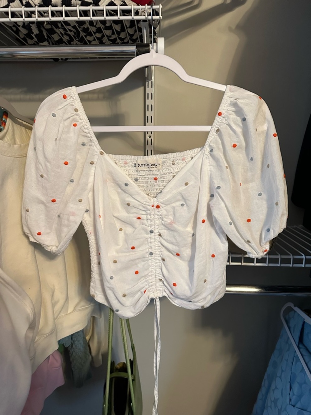 Smocked Puff Sleeve White Dot Ruched Crop Top